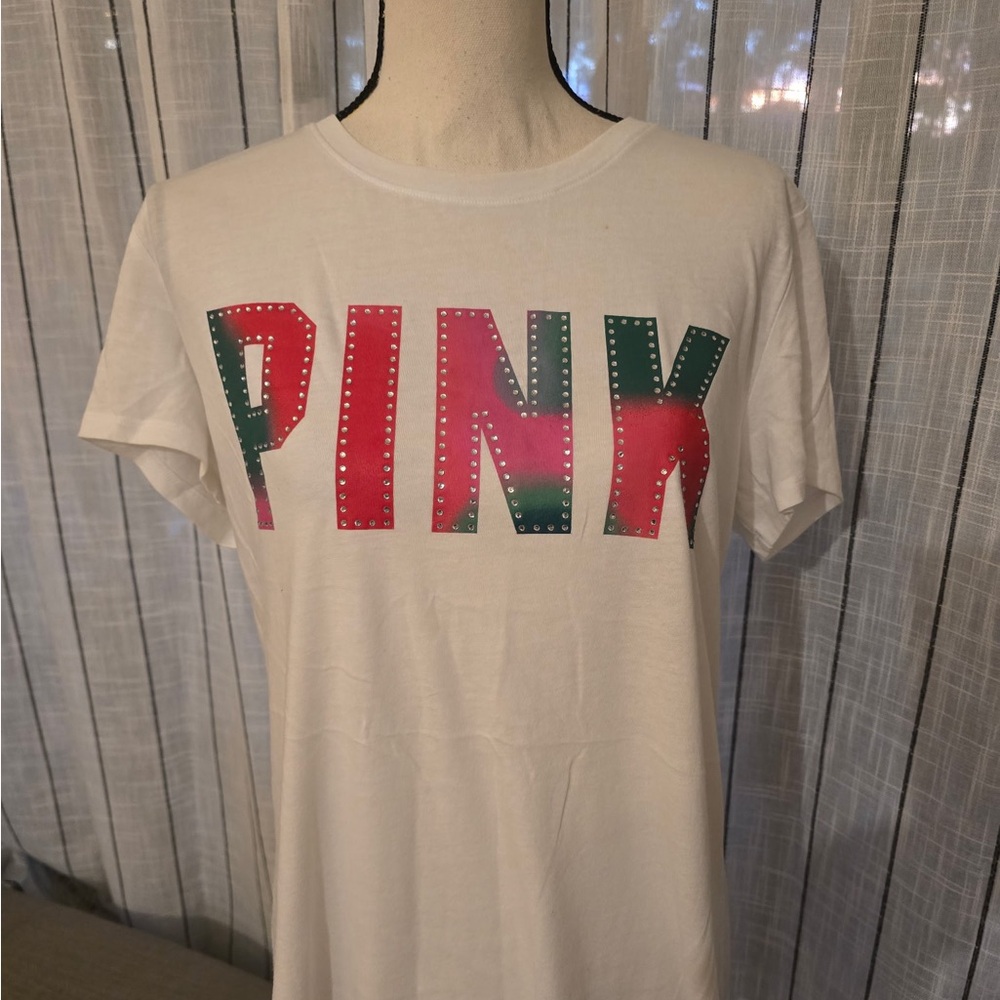PINK Victoria's Secret White Tee with Gradient Logo - Picture 1 of 3